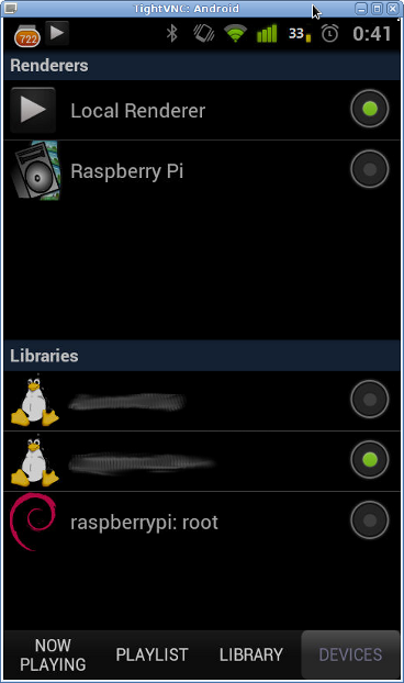 BubbleUPnP (Android) DLNA controller displaying Raspberry Pi renderer and media server